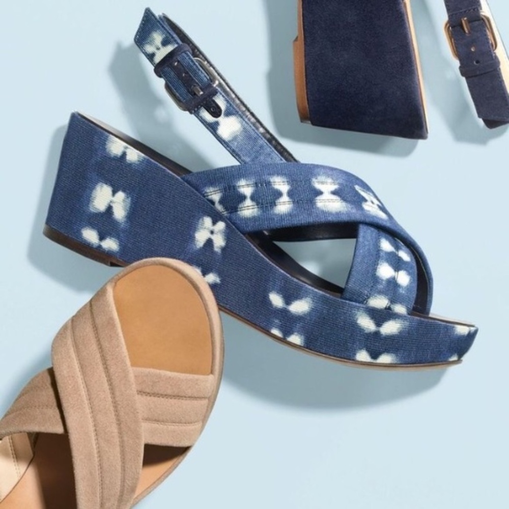 J. Crew Marcie Wedges in Faded Adire